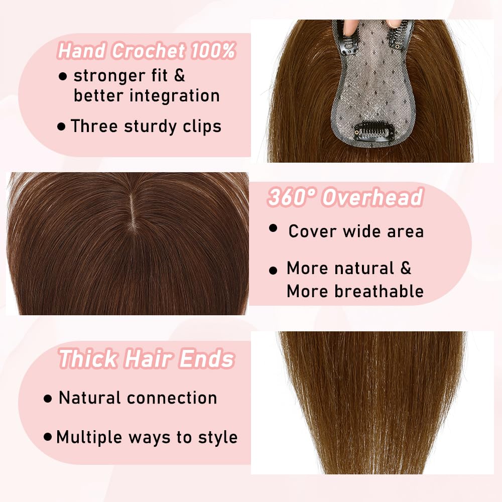 EROADE Toppers for Women Real Human Hair, 3D Human Hair Toppers for Women with Thinning Hair 165% Density Middle Part Clip in Bangs Toppers Hair Pieces