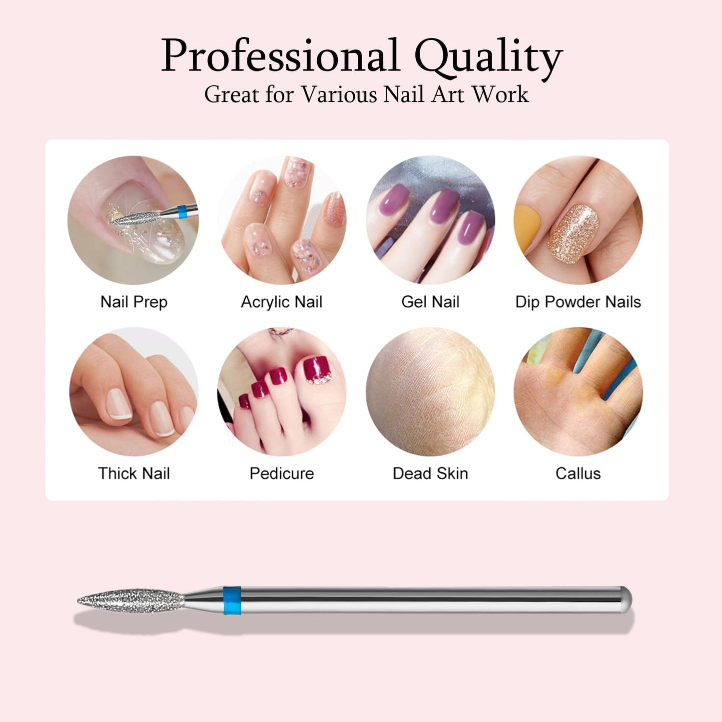 ERUIKA 10pcs Diamond Flame Cuticle Drill Bits Set, Professional Cuticle Nail Drill Bits for Dead Skin 3/32'' Nails Dry Manicure Pedicure Shape Remove Nail Salon Tools (Medium-M)
