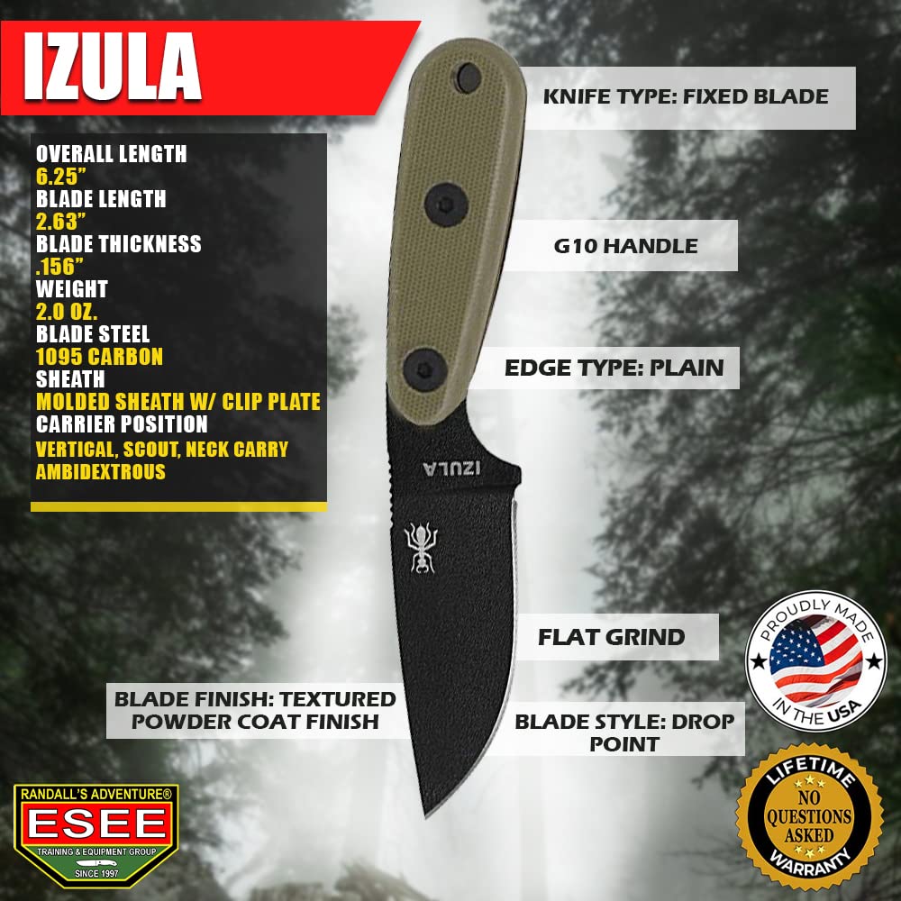 ESEE Knives Izula-B w/Handle, Molded Polymer Sheath, and Clip Plate (Olive Drab G10)