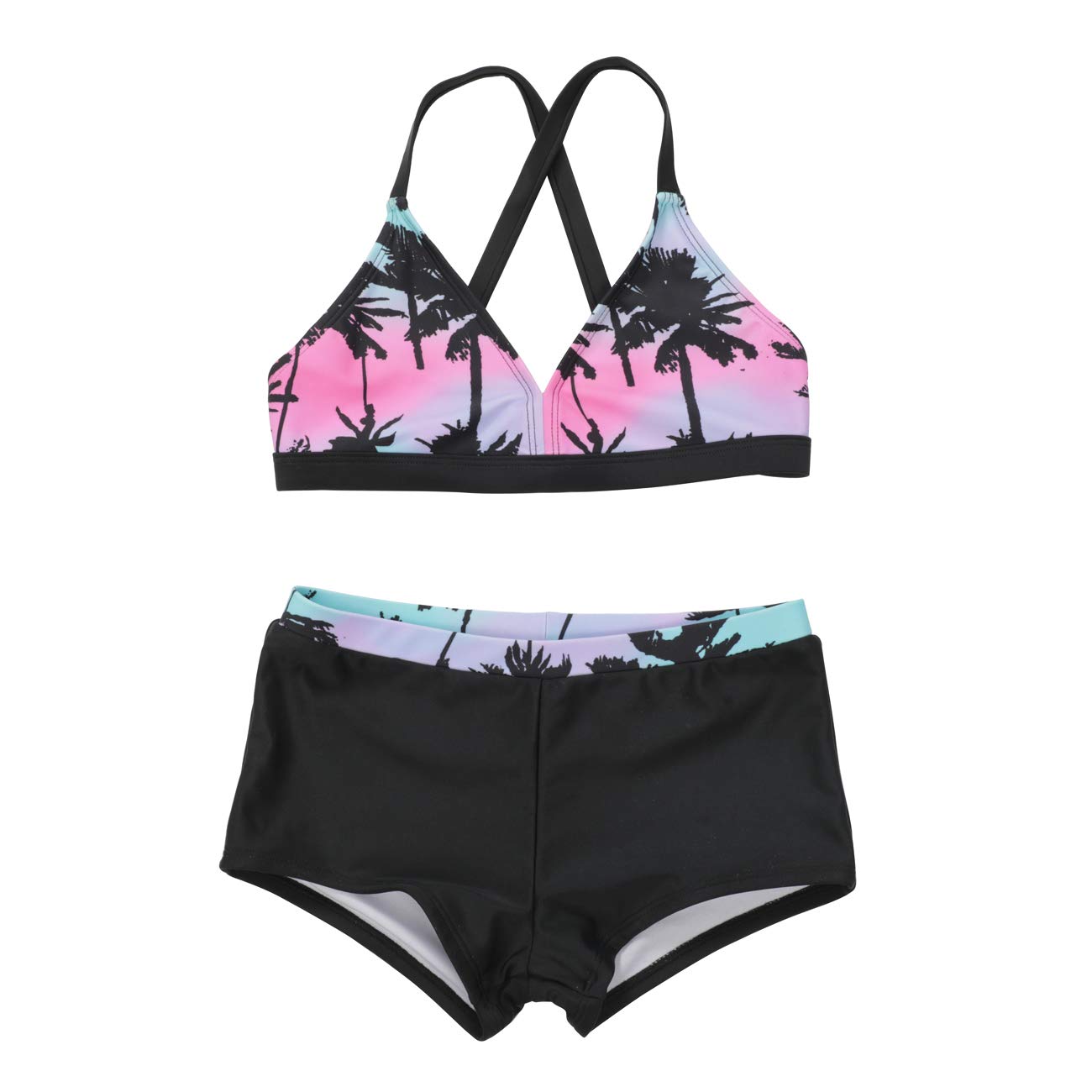DUSISHIDAN Girls V Neck Bikini with Swim Shorts,Two Piece Swimsuits with Hawaiian Coconut Tree Print Bathing Suits, Size 10 12