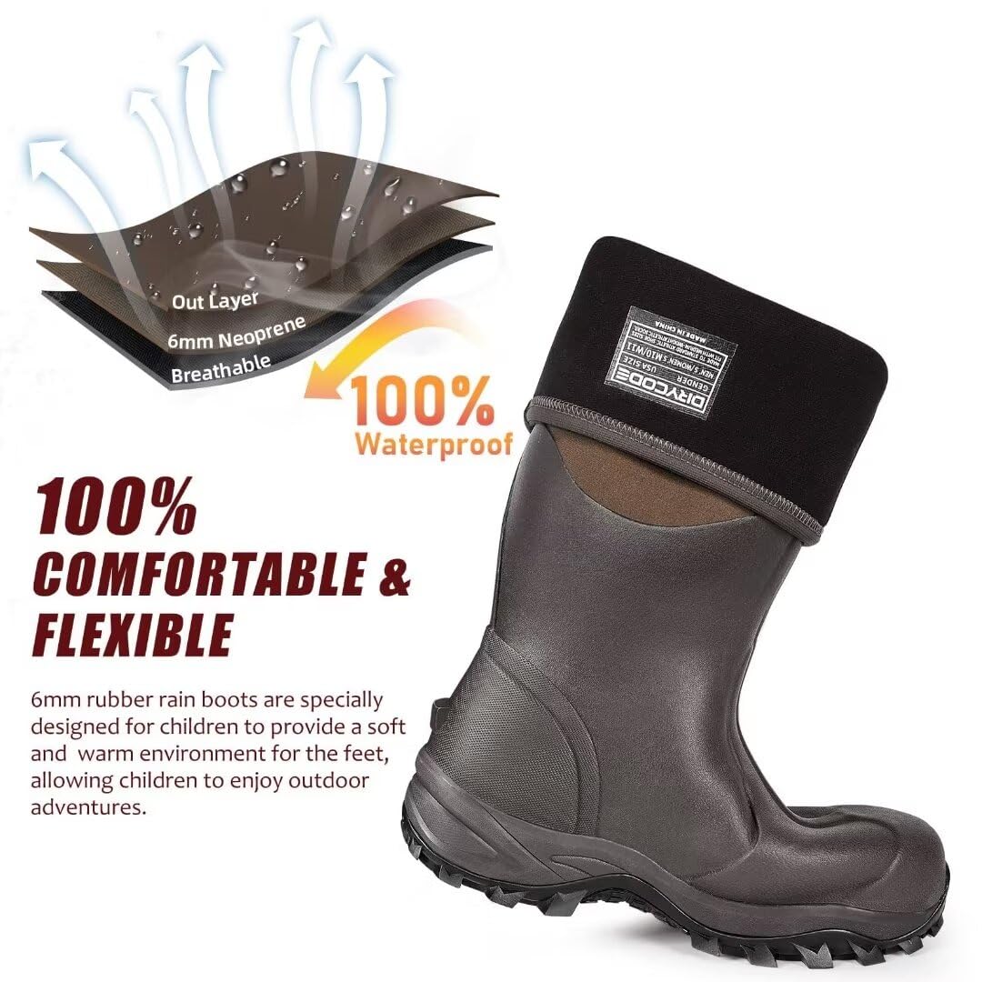 DRYCODE Rubber Boots for Men and Women, Waterproof 6mm Warm Rubber Neoprene Boots, Outdoor Rain Boot, Brown, Size 5-14