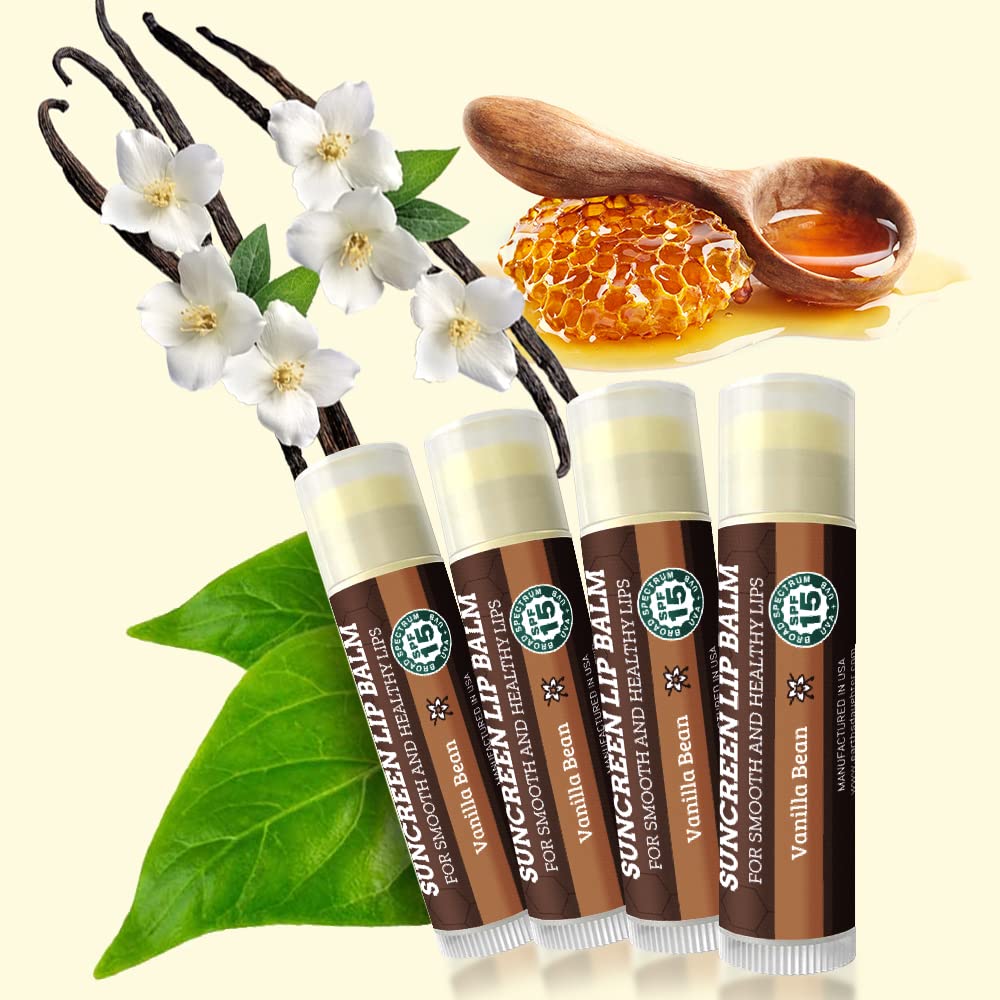 Earth's Daughter SPF Lip Balm 4-Pack - Lip Sunscreen, SPF 15, Organic Ingredients, Vanilla Flavor, Beeswax, Coconut Oil, Vitamin E - Hypoallergenic, Paraben Free, Gluten Free