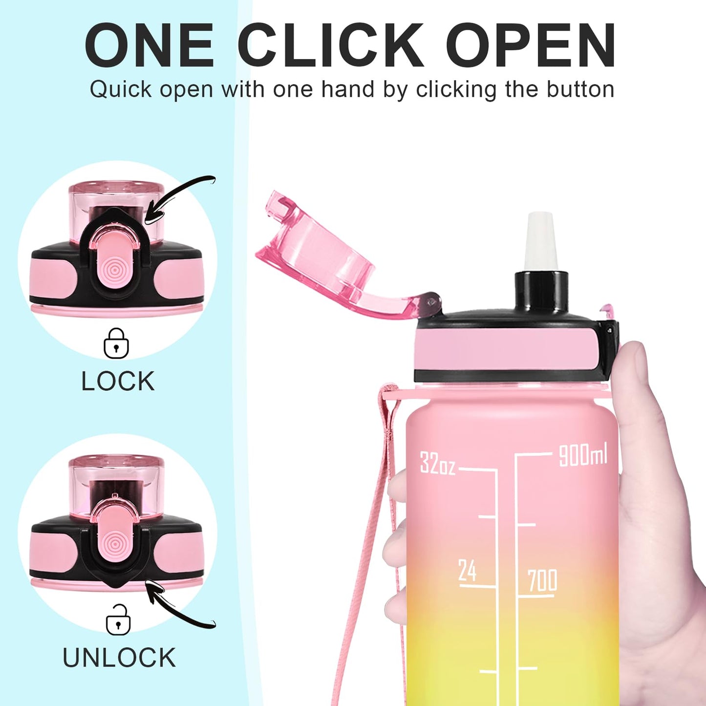 Enerbone 32 oz Water Bottle, Leakproof BPA & Toxic Free, Motivational Water Bottle with Times to Drink and Straw, Fitness Sports Water Bottle with Strap for Office, Gym, Outdoor Sports