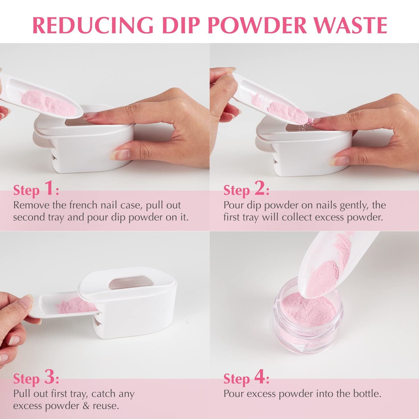 2-in-1 Dip Powder Recycling Tray System & French Tip Mold Dip Nail Tray - Nail Powder Glitter Rhinestones Pearls Saver Holder Storage Container Recycling Tool - French Smile Line Making Mold - White