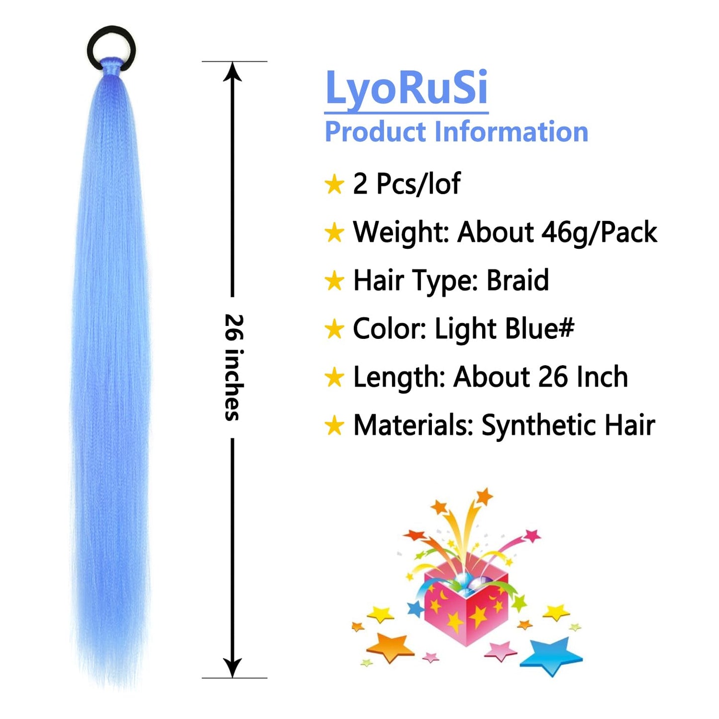 2 Pack Blue Ponytail Extension with Elastic Tie Straight Sleek Wrap Around Braid Ponytail Light Blue 26 Inch (Light Blue#)