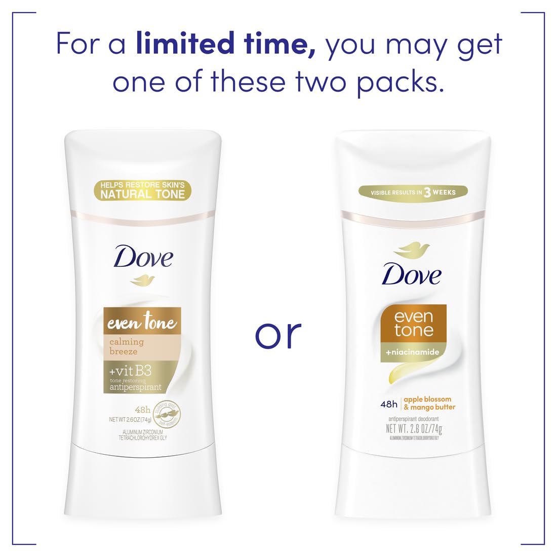 Dove Even Tone Antiperspirant Deodorant Stick Apple Blossom & Mango Butter 3 Count For Uneven Skin Tone 2.6 oz