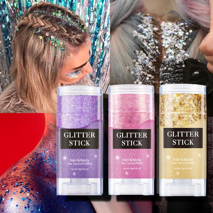 2 Color Face and Body Glitter Stick, Singer Concert Music Rave Face Body Sequins Glitter Stick for Women Face/Body/Hair/Eyes/Lip Glitter Makeup. (Gold &Blue)