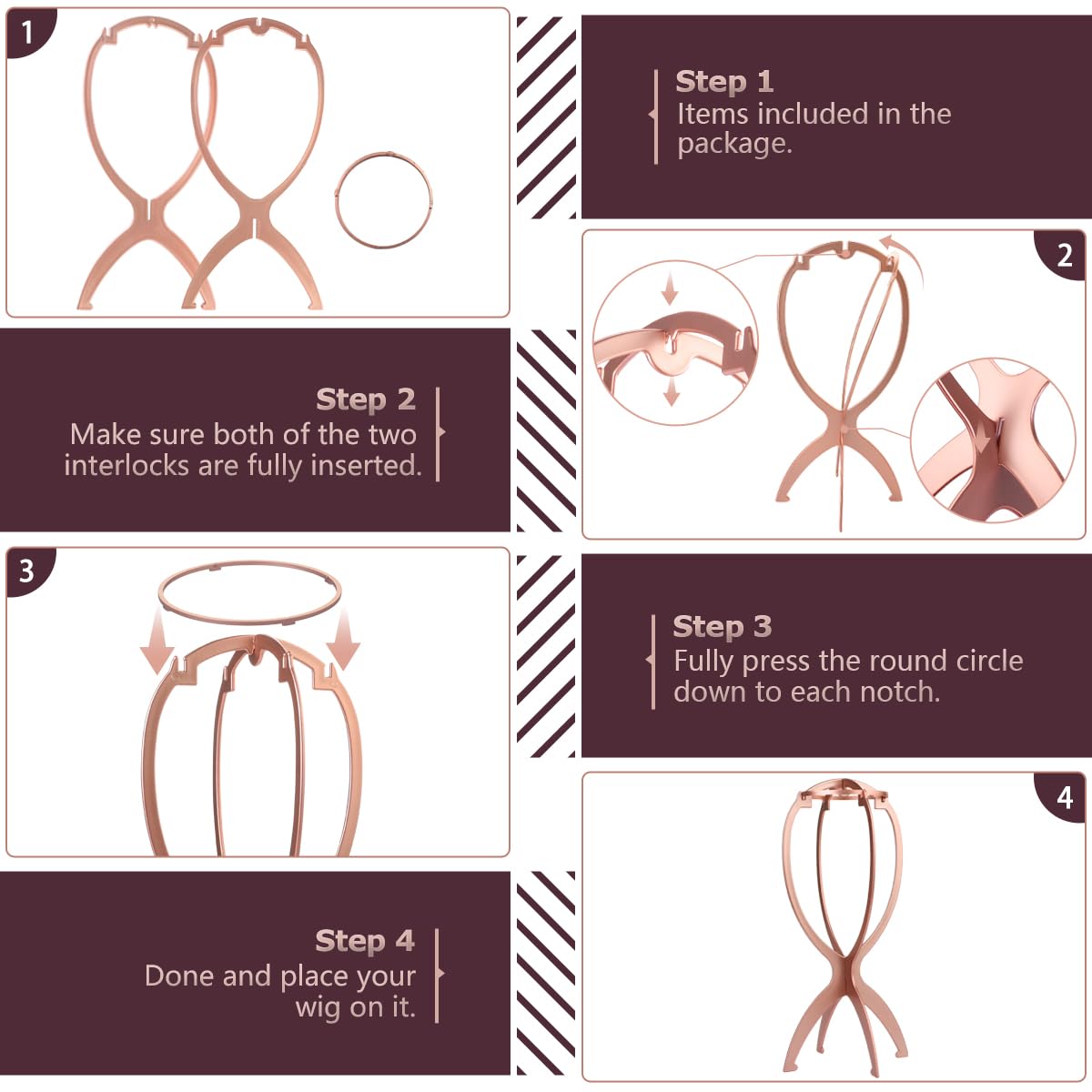 Dreamlover Wig Head Stand for Wigs, Rose Gold, 3 Packs