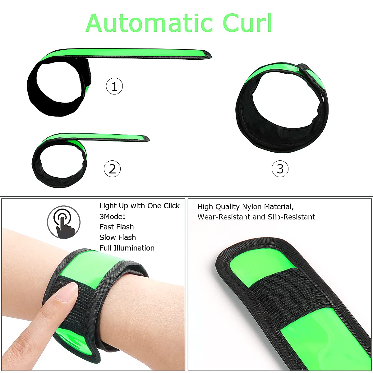 esonstyle Pack of 6 LED Light Up Band Slap Bracelets Night Safety Wrist Band for Cycling Walking Running Concert Camping Outdoor Sports (6 pcs-Green)