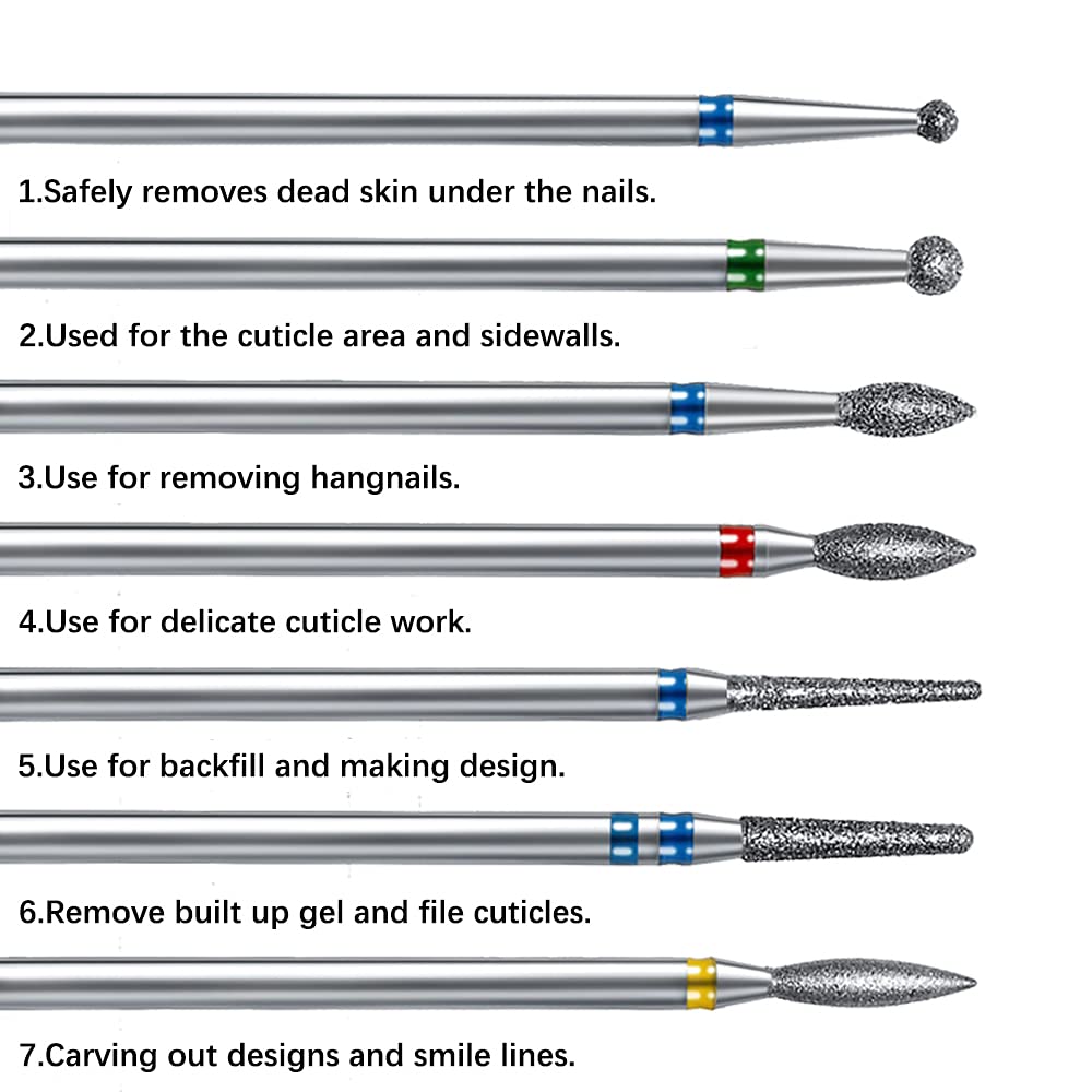 ERUIKA 14pcs Nail Drill Bits Set, Professional Rotary Burrs Diamond Cuticle Remover Bits Kit, 3/32" Electric Manicure Nail File Bit for Acrylic Gel Nails Cuticle Manicure