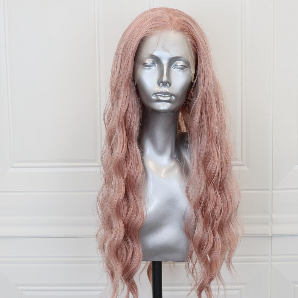 ELESTY 13 * 4 Icy Pink Synthetic Lace Front Wig Long Wavy Free Part Lace Front Synthetic Wig Pre Plucked Natural Hairline Glueless Heat Resistant Fiber Hair Loose Curly Wigs for Women Cosplay