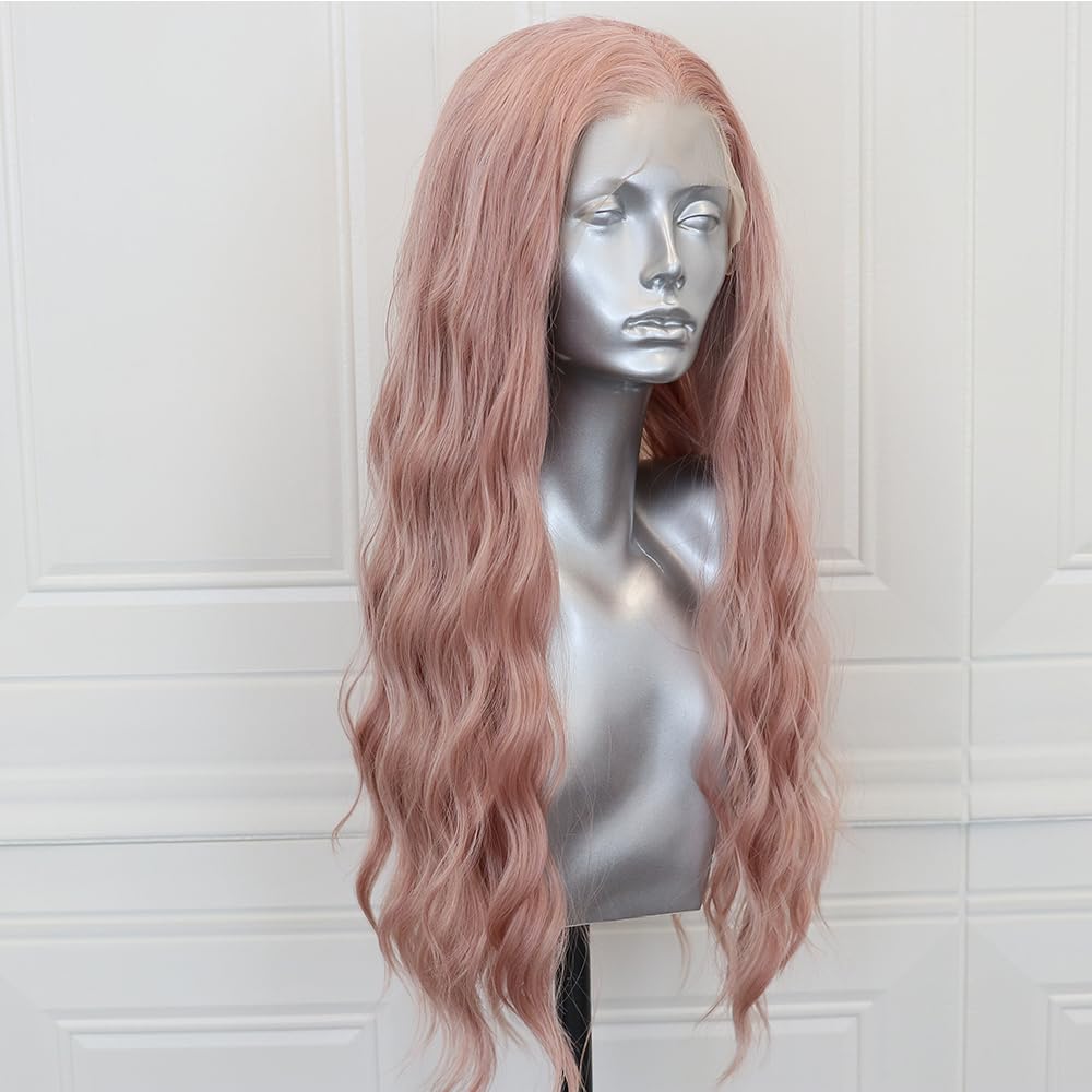 ELESTY 13 * 4 Icy Pink Synthetic Lace Front Wig Long Wavy Free Part Lace Front Synthetic Wig Pre Plucked Natural Hairline Glueless Heat Resistant Fiber Hair Loose Curly Wigs for Women Cosplay