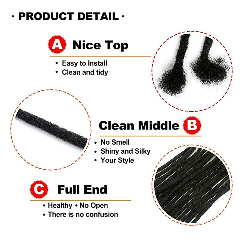 Dreadlock Extensions Human Hair 100% Human Hair for Man/Women/Kids Full Handmade Permanent Loc Extensions Can Be Dyed Bleached Curled Twisted Soft Dreadlocks (0.4cm Thickness 10 Inch 60 Strands, 1B)