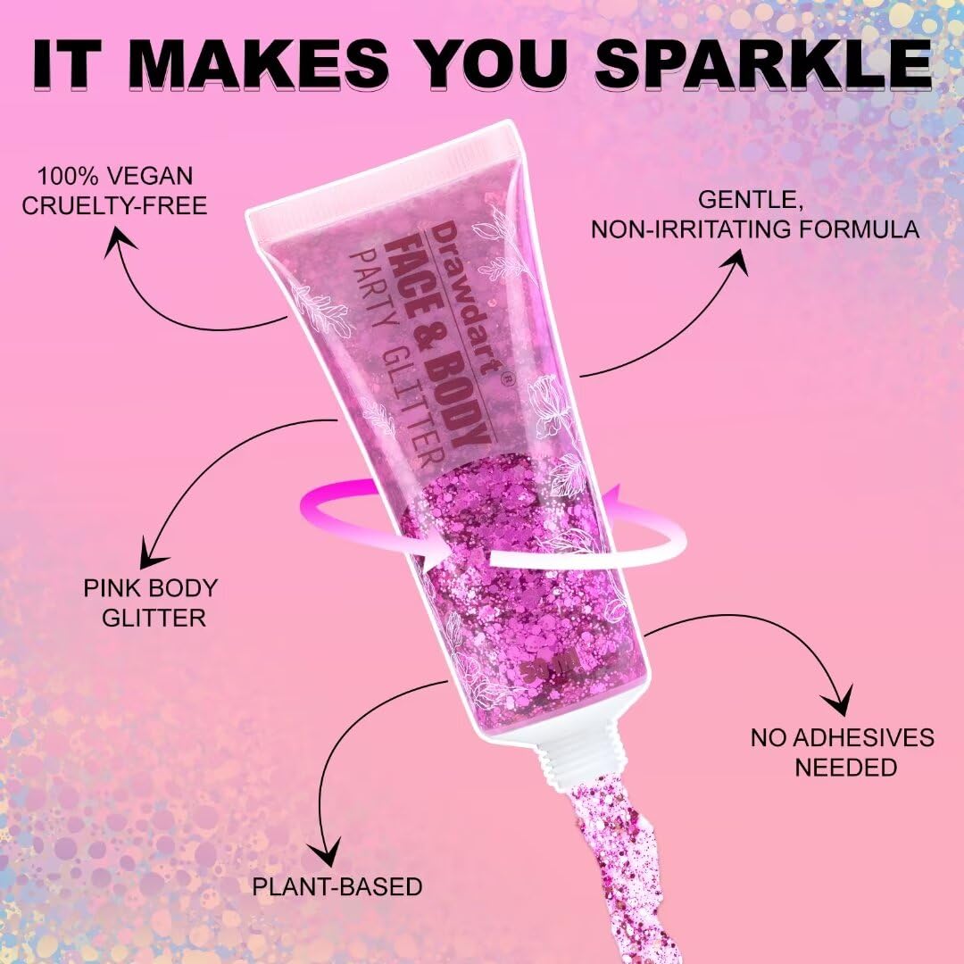 Drawdart Pink Body Glitter Gel,Singer Concerts Lover Heart Face Glitter Gel,Face Body Chunky Glitter Makeup for Festivals,Raves,Anime Cosplay - Safe for Face 50ml