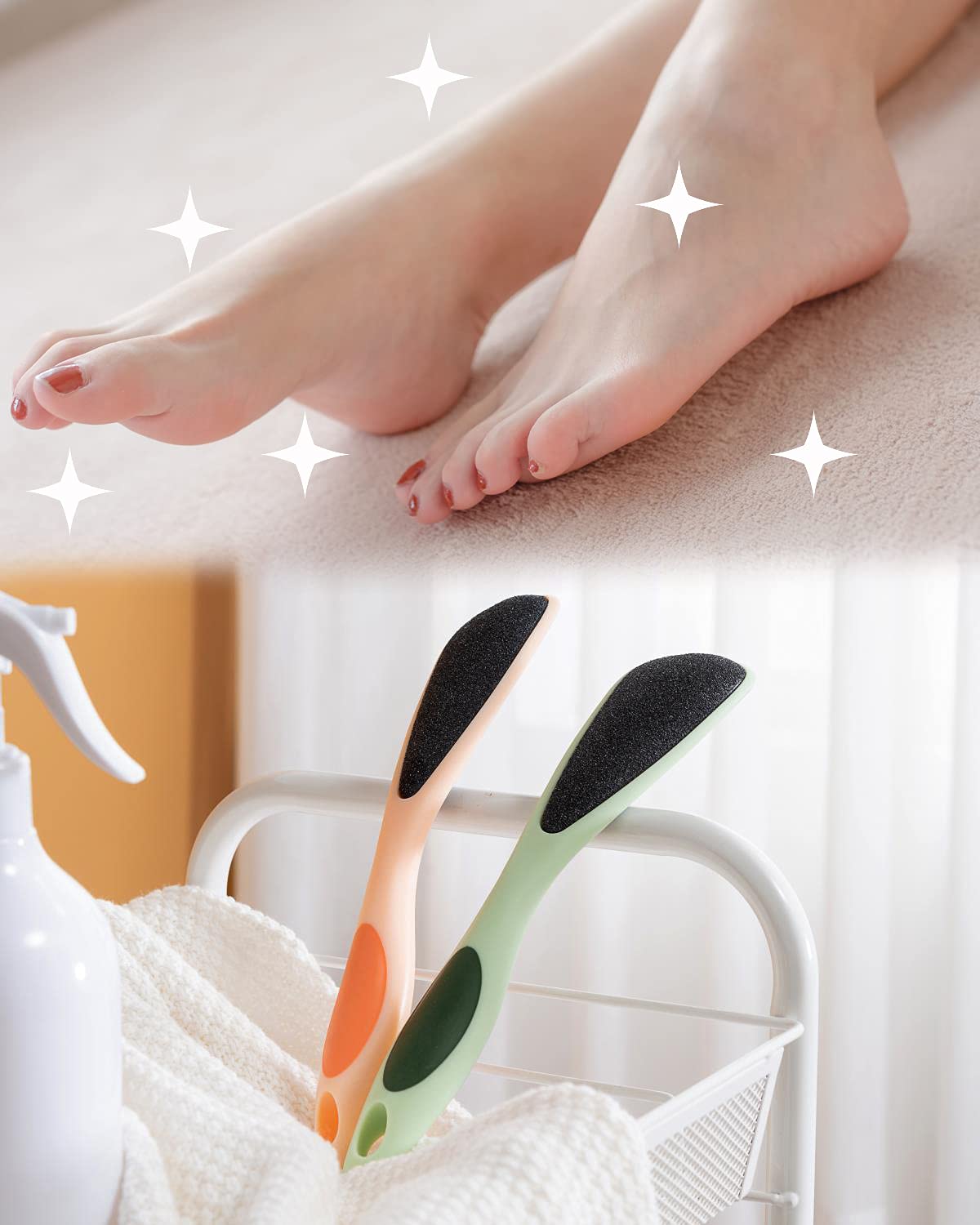 2-Pack Double-Sided Pumice Stone for Feet, Foot Pumice with Handle, Ergonomic Easy to Reach, Feet Scrubber with Fine-Grained Frosted Stones, for Callus Removal, Improve Circulation Foot Care