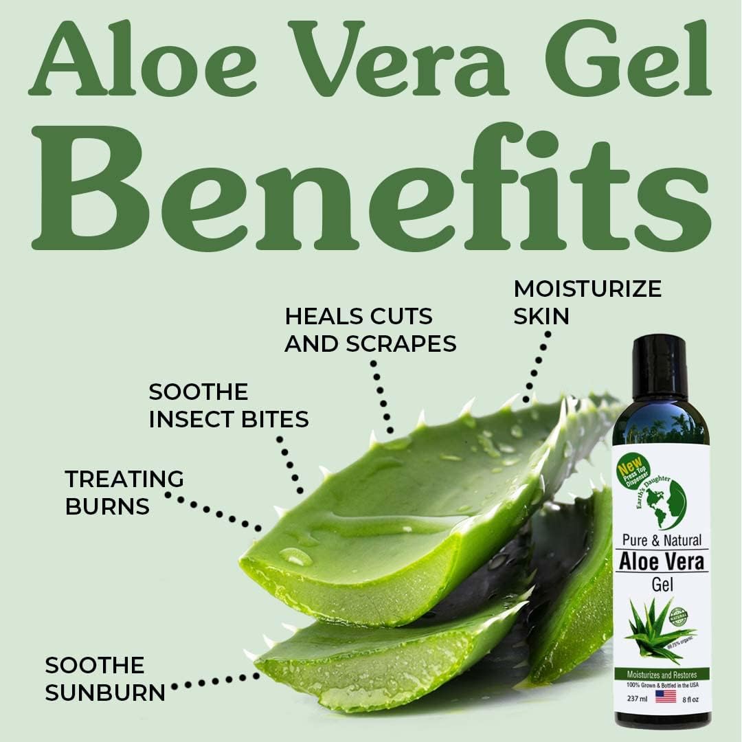 Earth's Daughter Organic Aloe Vera from 100% Pure and Natural Cold Pressed Aloe with 8 oz Disc Top Dispenser - Great for Face - Hair - Sunburn - Dry Skin