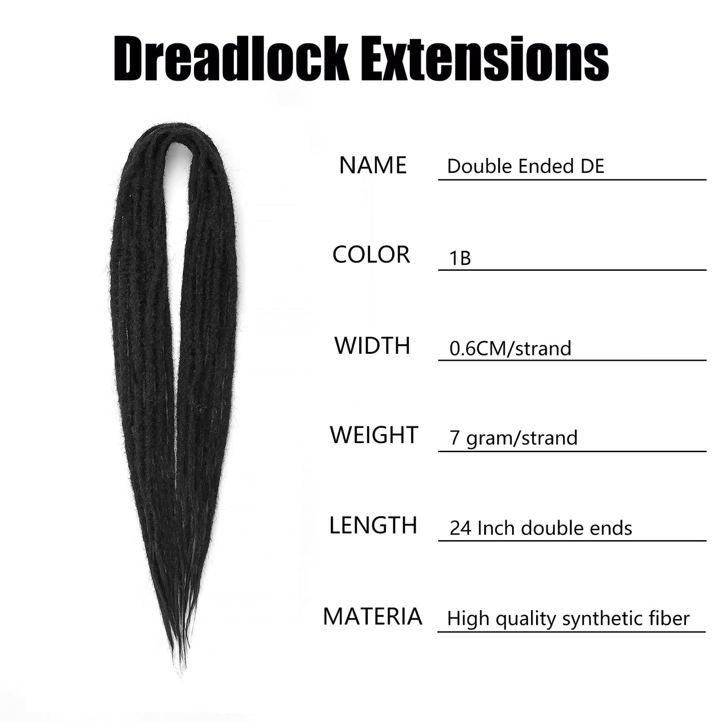 Double Ended Dreadlock Extensions 0.6CM Diameter Synthetic Hair 24Inch 20Strands Reggae Braids Hip-hop Style(Double Ended 20trands,1B)