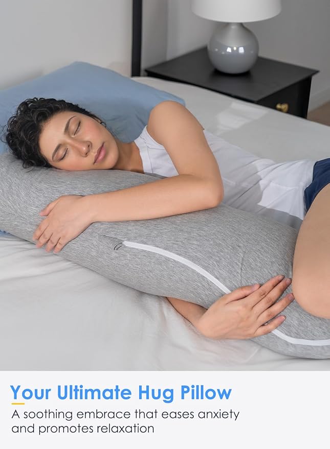 QUEEN ROSE Body Pillow, Full Body Support Pillow for Side Sleepers, Cooling Soft S Shaped Hug Pillow for Adults, with Removable Pillowcase, Light Grey