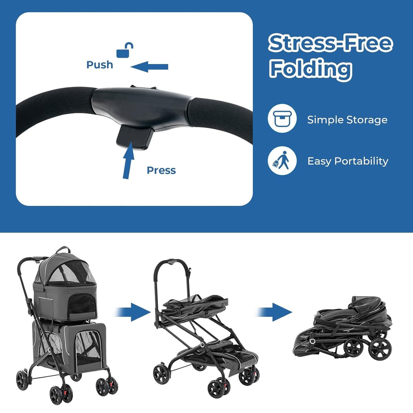 Double Dog Stroller, Foldable 3-in-1 Cat Strollers with 2 Detachable Carriers, Safety Belt, Washable Cover, Removable Pads, 4 Wheels Travel Pet Stroller for Small Medium Dogs(Grey)