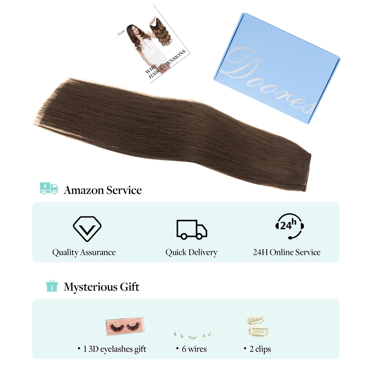 DOORES Hair Extensions Human Hair Chocolate Brown 16 Inch 95g Wire Hair Extensions Invisible Hairpiece Wire Extensions Natural Secret Fish Extensions