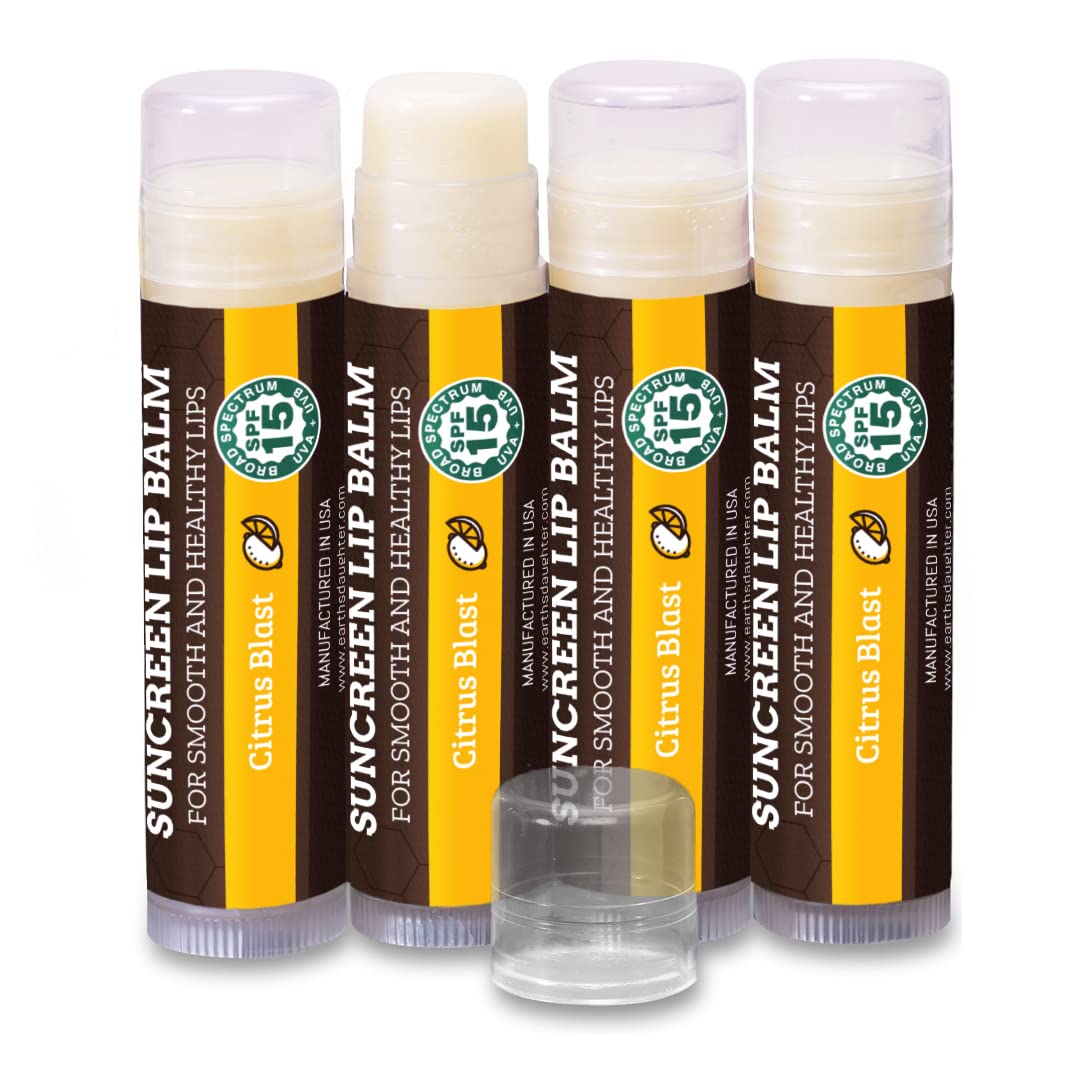 Earth's Daughter SPF Lip Balm 4-Pack Citrus Flavor - Lip Sunscreen, SPF 15, Organic Ingredients, Beeswax, Coconut Oil, Vitamin E - Hypoallergenic, Paraben Free, Gluten Free