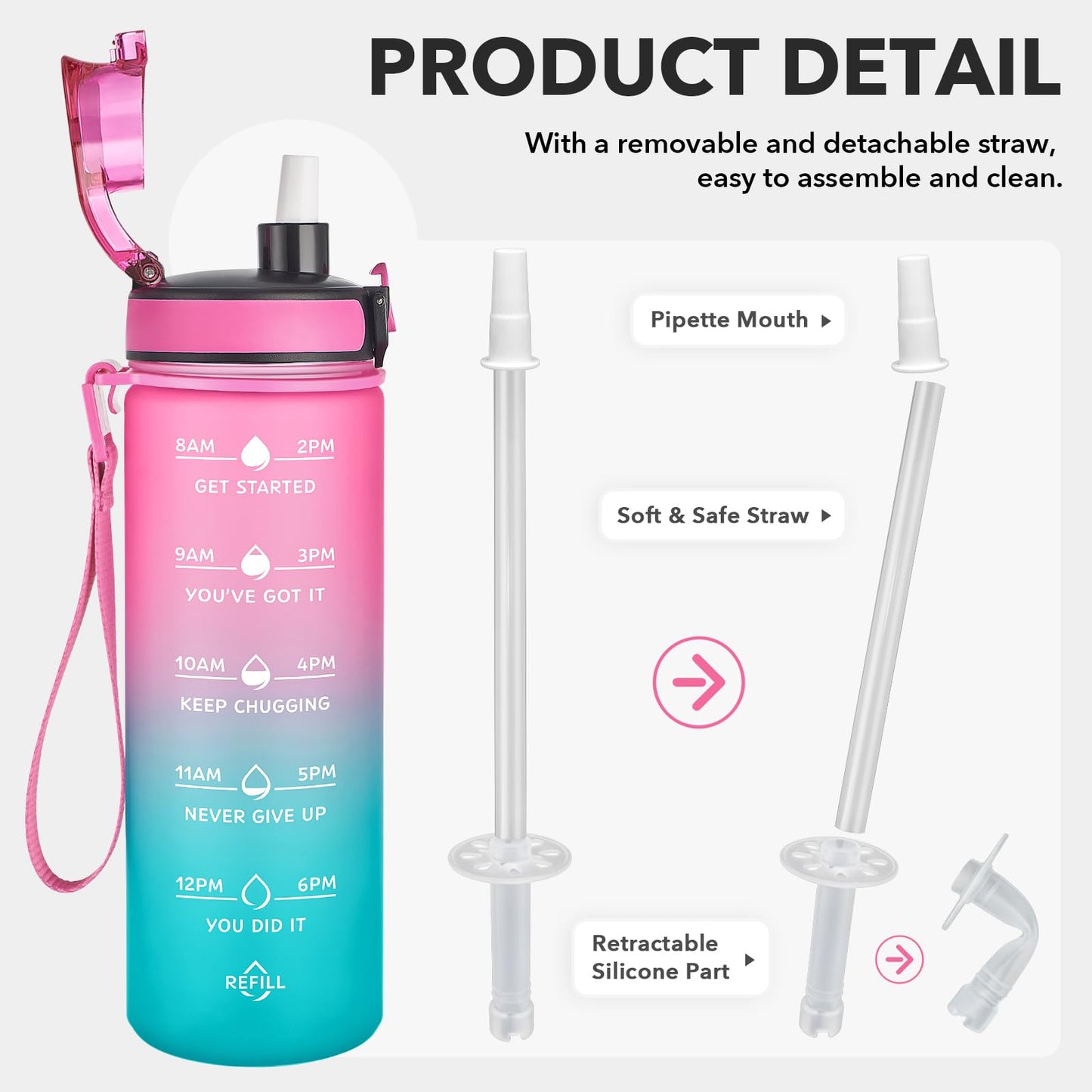 Enerbone 24 oz Water Bottle, Leakproof BPA & Toxic Free, Motivational Water Bottle with Times to Drink and Straw, Fitness Sports Water Bottle with Strap for Office, Gym, Outdoor Sports