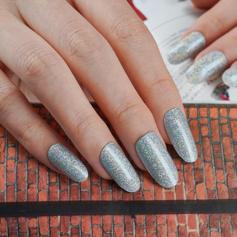 DUKASOU Semi Cured Gel Nail Strips, Silver Glitter | 28pcs Gel Nail Strips Work with Any uv lamp,Gel Nail Stickers for Women Girls, Includes Prep Pads, Nail File & Wood Stick