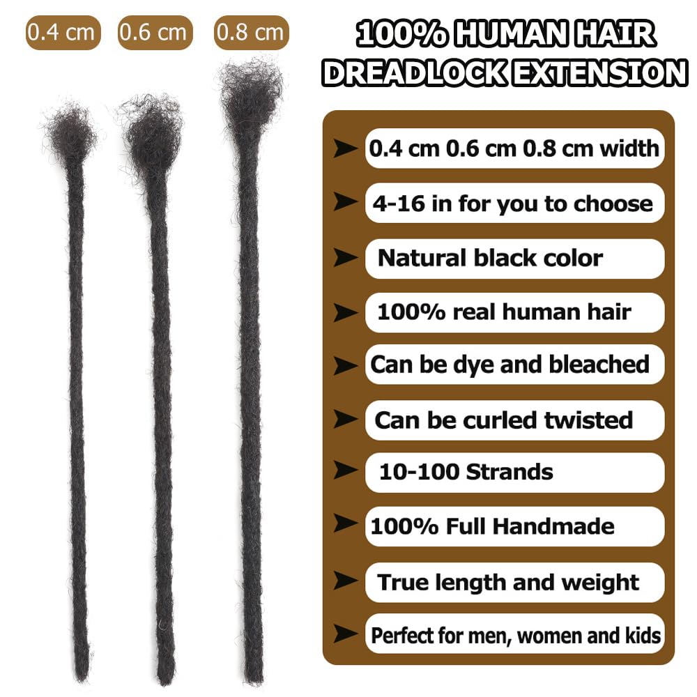 Dreadlock Extensions Human Hair 10-100 Strands 100% Full Handmade Permanent Loc Extension Human Hair for Women/Men/Kids Can Be Dyed Bleached Curled Twisted (0.8cm 1B, 4 inch 10 Strands)