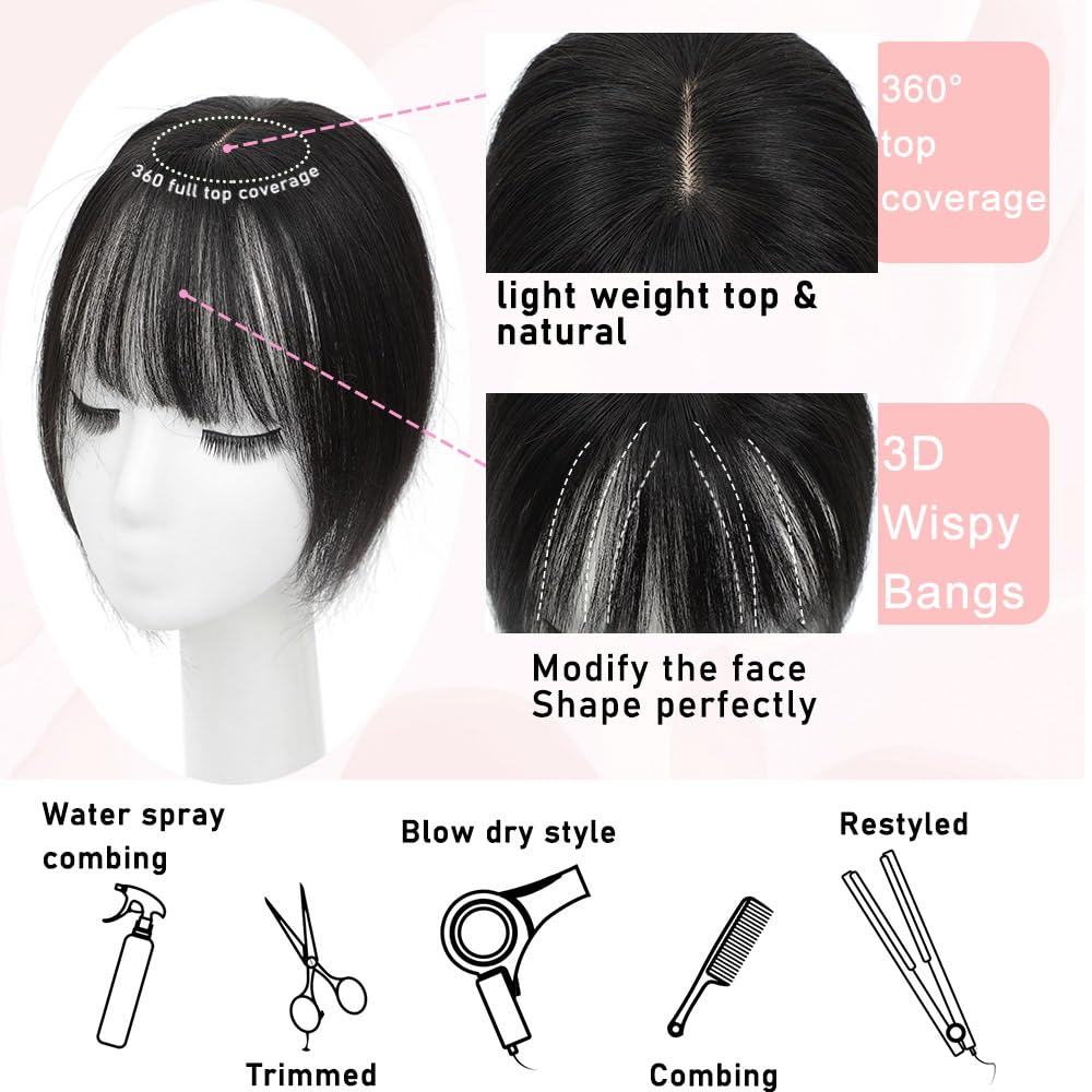 EROADE Toppers for Women Real Human Hair, 3D Human Hair Toppers for Women with Thinning Hair 165% Density Middle Part Clip in Bangs Toppers Hair Pieces (Black, Wispy Bangs)