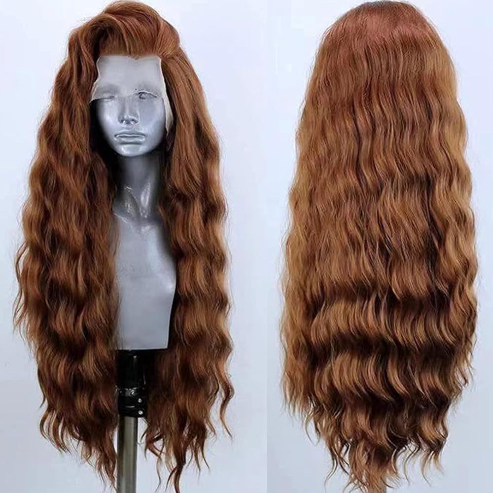 ELESTY 13 * 4 Light Brown Hair Long Wavy Synthetic Lace Front Wigs for Women Loose Curly Free Part Glueless Lace Wig Heat Resistant Fiber Hair Water Wave Cosplay Wigs 24Inch
