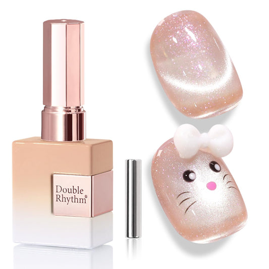 Double Rhythm 0.5 Oz Cat Eye Gel Polish with Magnet Same Color Same Bottle Holographic Glitter Shimmer Translucent Color Salon Soak Off Magnetic Nail at Home (Nude Apricot-MC1159)