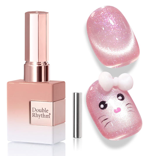 Double Rhythm 0.5 Oz Cat Eye Gel Polish with Magnet Same Color Same Bottle Holographic Glitter Shimmer Translucent Color Salon Soak Off Magnetic Nail at Home (Peach Pink-MC1160)