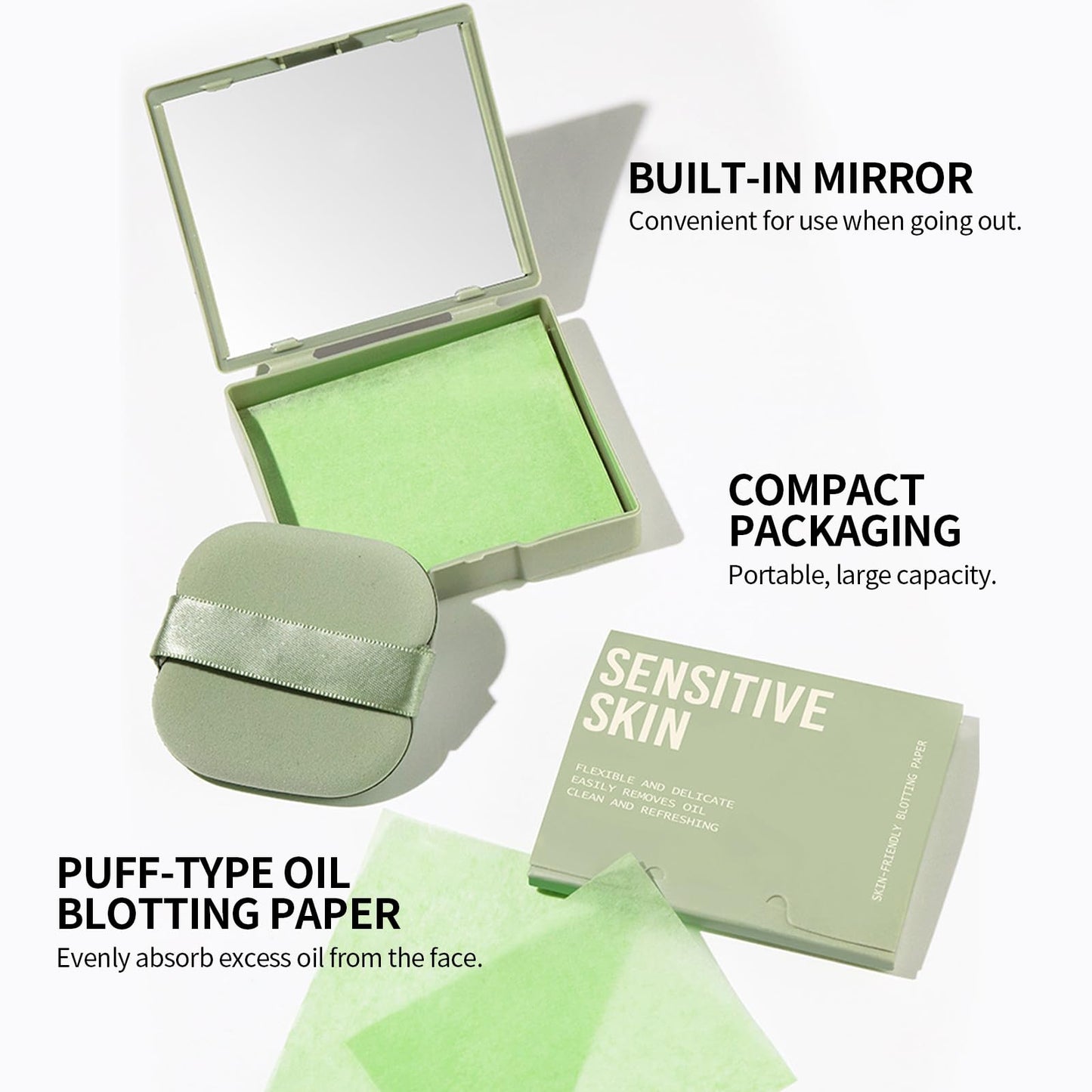 Erinde Oil Blotting Sheets for Face with Mirror and Puff, 300 Sheets Oil Blotting Paper for Oily Skin, Face Oil Absorbing Sheets, Natural Oil Control Film, Absorb Excess Oil, Makeup Friendly