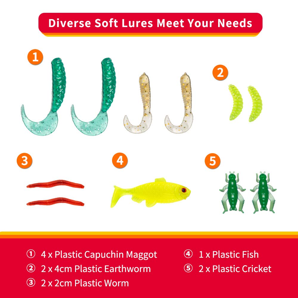 24Pcs Fishing Lures Kit for Freshwater Bait Tackle Kit for Bass Trout Salmon Fishing Accessories Tackle Box Including Spoon Lures Soft Plastic Worms Crankbait Jigs Fishing Hooks Topwater Lures