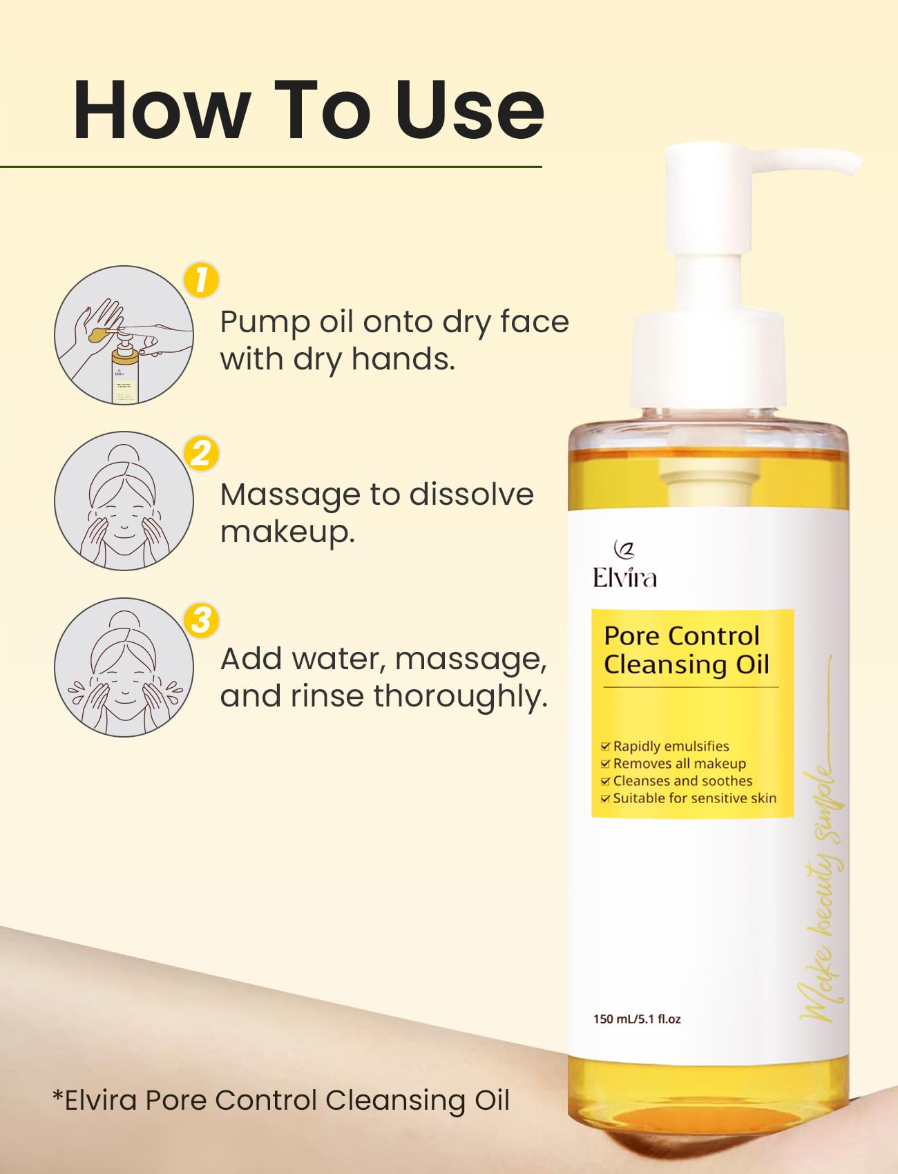 Elvira Pore Control Cleansing Oil, Makeup Remover for Sensitive, Oil Cleanser for Face, Blackhead Removal, Korean Skin care, Hydrating, Fragrance-Free