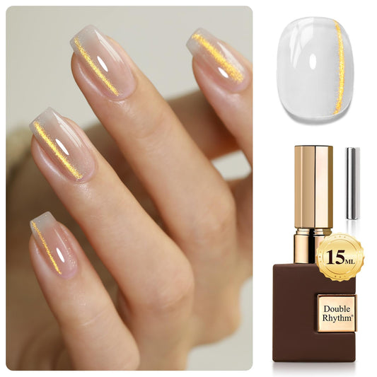 Double Rhythm 0.5 OZ Cat Eye Gel Polish with Magnet 15ML Holographic Glitter Shimmer Translucent Jelly Color Magnetic Nail Polish Salon DIY at Home (Jelly Gold-MC1106)