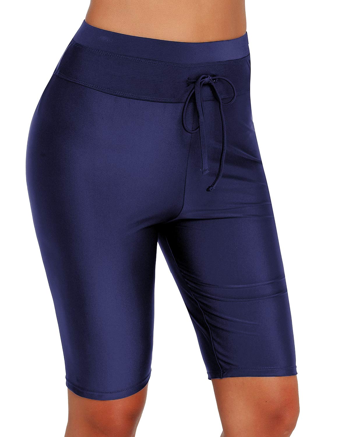 ECUPPER Women High Waisted Swim Shorts Capri Plus Size Swim Leggings Boardshorts Knee Length Swimsuit Pants for Beach Surf Navy-1 M