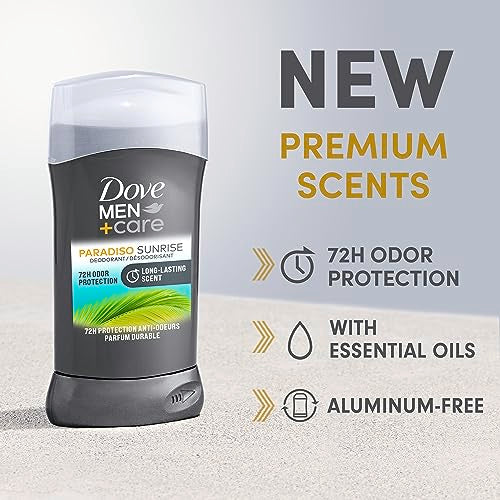 DOVE MEN + CARE Deodorant Stick for Men Aluminum Free 72-Hour Odor Protection Paradiso Sunrise 3 Count Mens Deodorant with Essential Oils & 1/4 Moisturizing Cream 3 oz