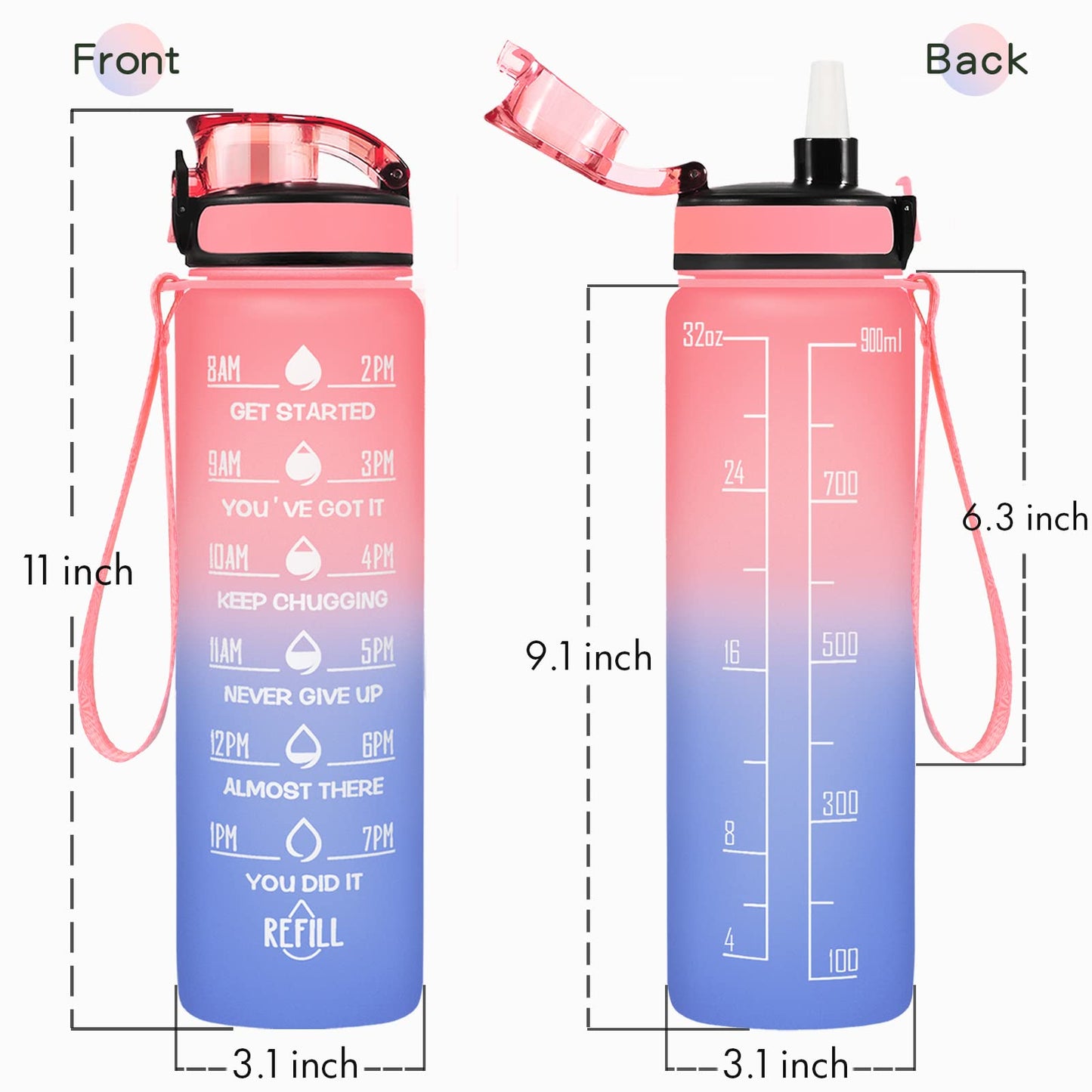 Enerbone 32 oz Water Bottle, Leakproof BPA & Toxic Free, Motivational Water Bottle with Times to Drink and Straw, Fitness Sports Water Bottle with Strap for Office, Gym, Outdoor Sports, Pink-Blue