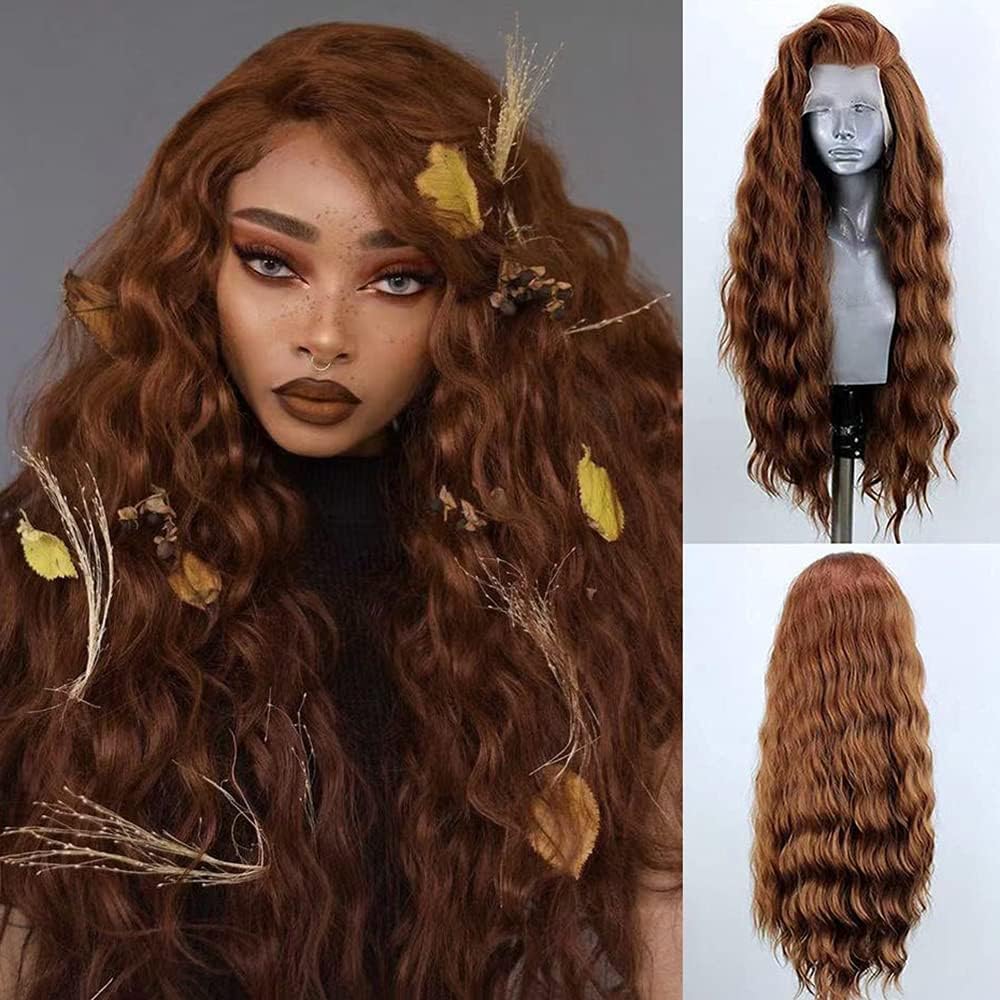 ELESTY 13 * 4 Light Brown Hair Long Wavy Synthetic Lace Front Wigs for Women Loose Curly Free Part Glueless Lace Wig Heat Resistant Fiber Hair Water Wave Cosplay Wigs 24Inch