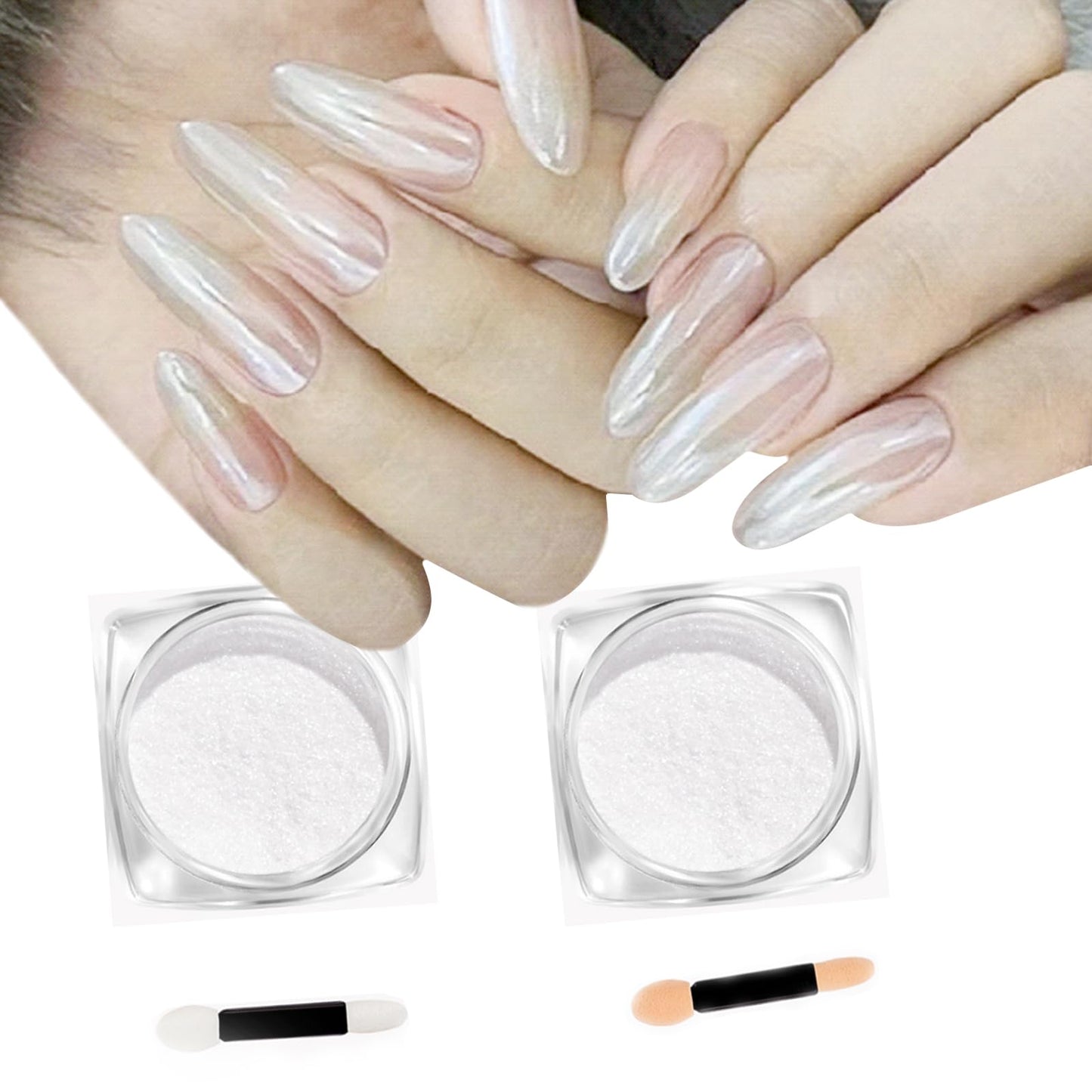 2Pcs Pearl Chrome Nail Powder - Ice Transparent Aurora, White Chameleon Iridescent Pigment for Nails - High Gloss Pearlescent Glitter (2pc White)