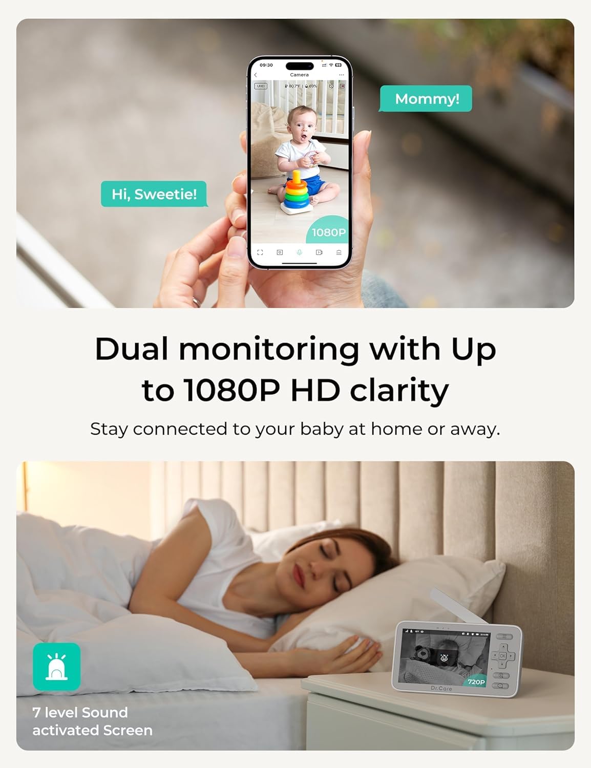 Dr.Care VistaView Lite Smart WiFi Baby Monitor with 2 Cameras- 4” 720P Split Screen & 1080P Camera App Control, Motion Alerts, Night Vision, 3000mAh Battery, 2-Way Talk, Triple Security, 1000ft Range