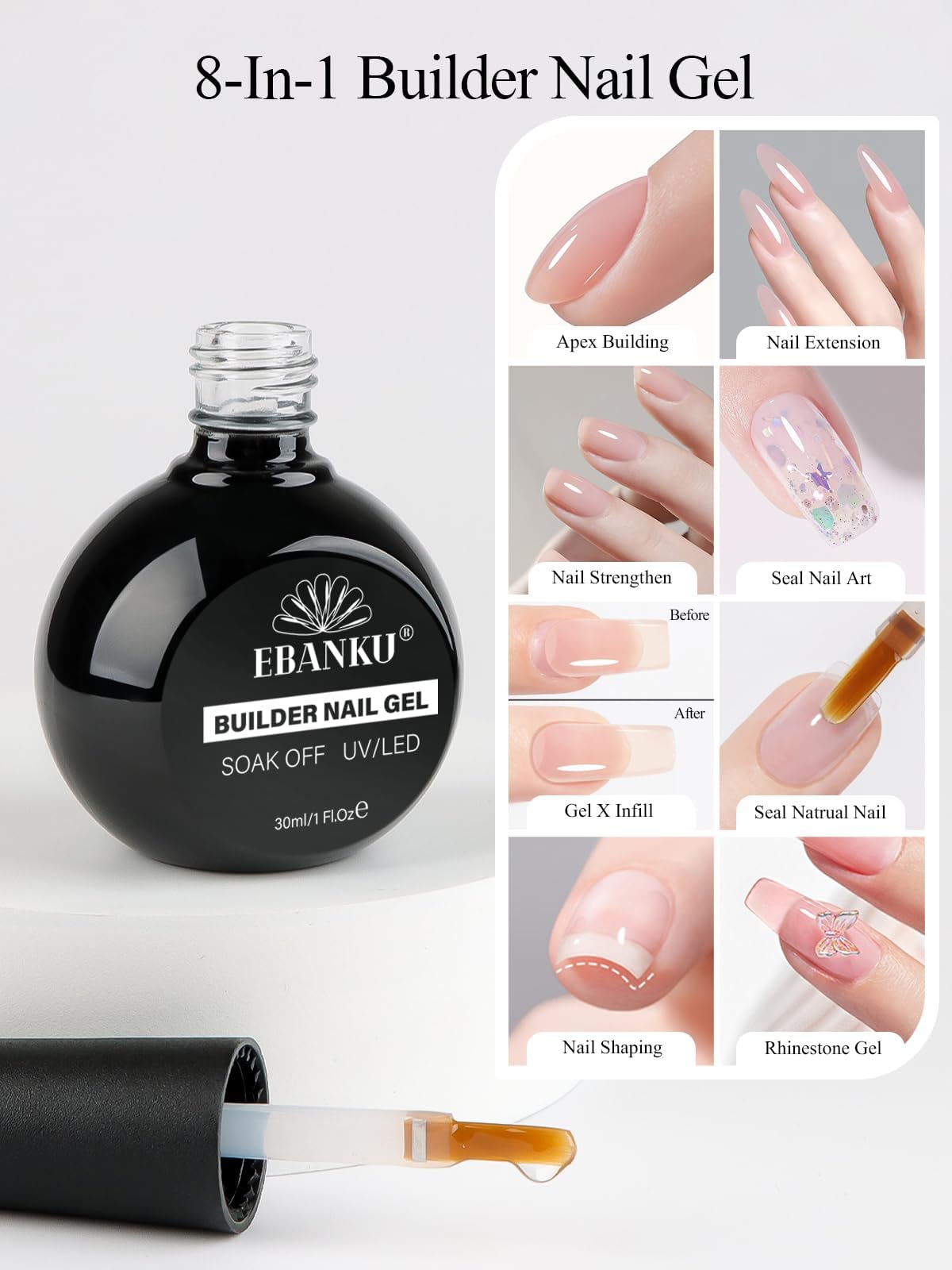 EBANKU 30ML Gel Builder for Nails, 8 in 1 Cover Rose Nail Strengthener Extension Gel Hard Gel Builder Ultra-thin Brush in Bottle for Apex Nail Building Salon DIY Manicure Nail Art Design for Women