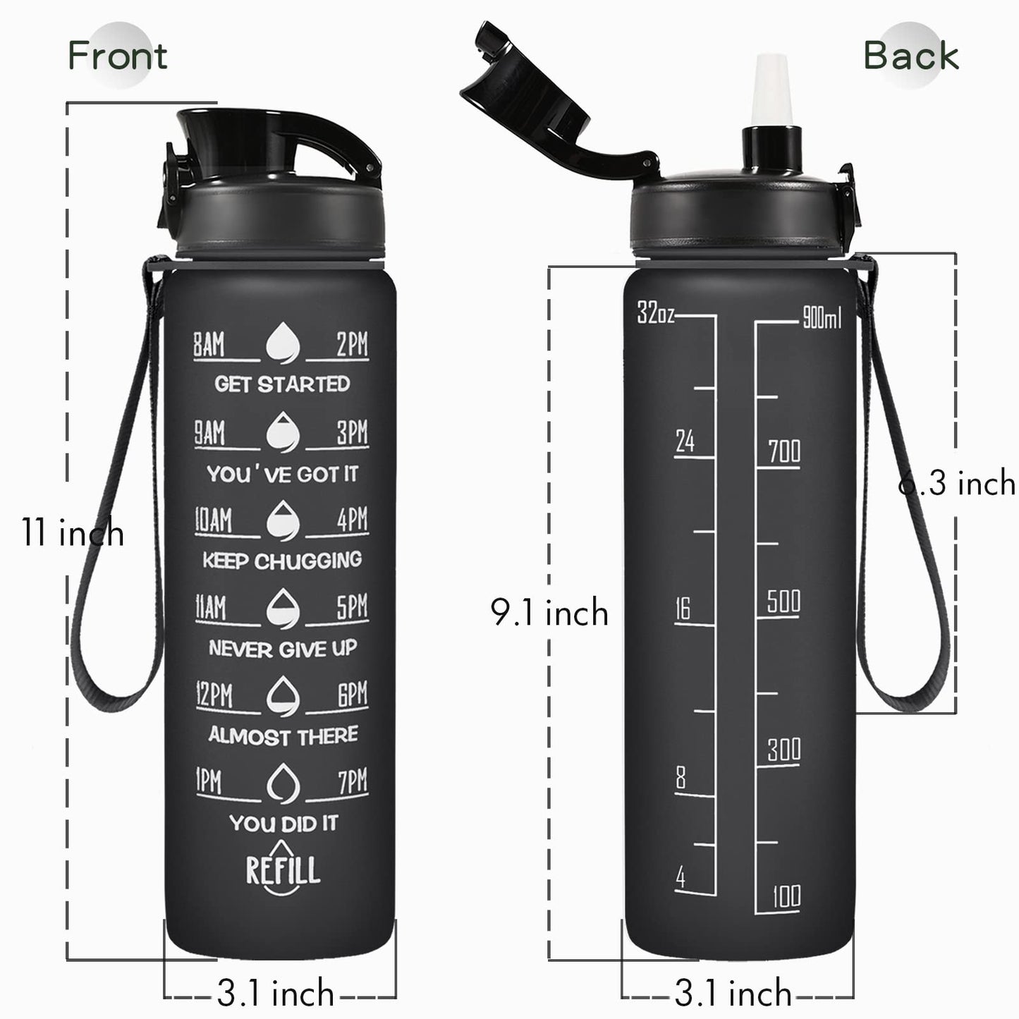 Enerbone 32 oz Water Bottle, Leakproof BPA & Toxic Free, Motivational Water Bottle with Times to Drink and Straw, Fitness Sports Water Bottle with Strap for Office, Gym, Outdoor Sports, Black Matte