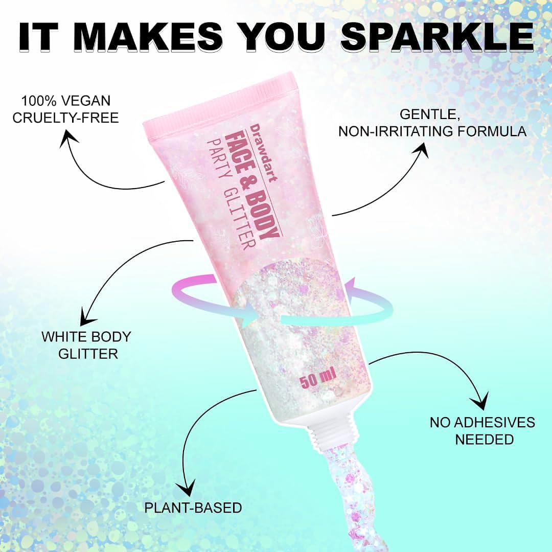 Drawdart Face & Body Glitter, Cosmetic-Grade Glitter Gel- Singer Concerts Disco Festival Rave Accessories, Chunky Hair Sparkling Glitter Gel for Women, Vegan & Cruelty Free- 50ml (White)