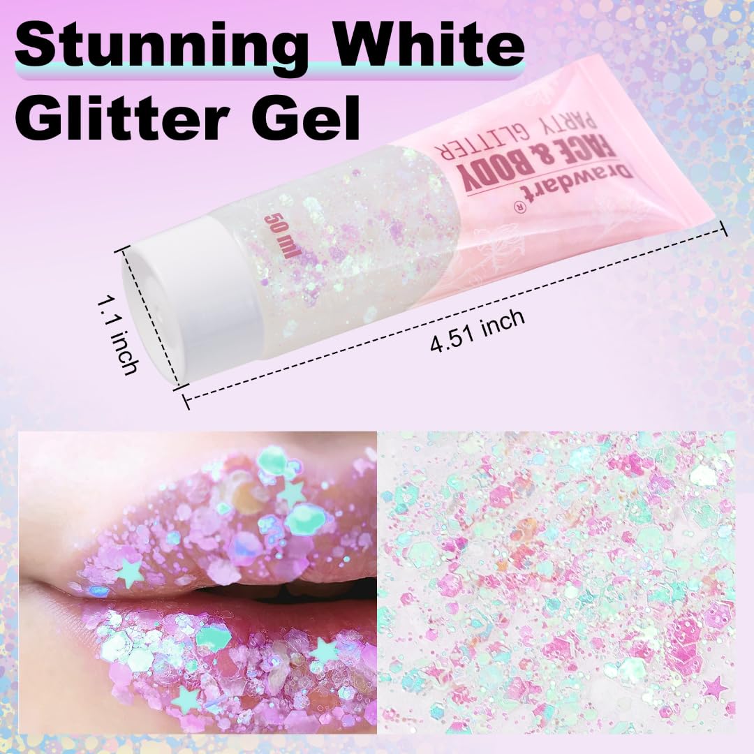 Drawdart Face & Body Glitter, Cosmetic-Grade Glitter Gel- Singer Concerts Disco Festival Rave Accessories, Chunky Hair Sparkling Glitter Gel for Women, Vegan & Cruelty Free- 50ml (White)
