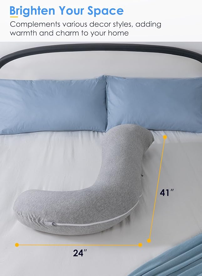 QUEEN ROSE Body Pillow, Full Body Support Pillow for Side Sleepers, Cooling Soft S Shaped Hug Pillow for Adults, with Removable Pillowcase, Light Grey