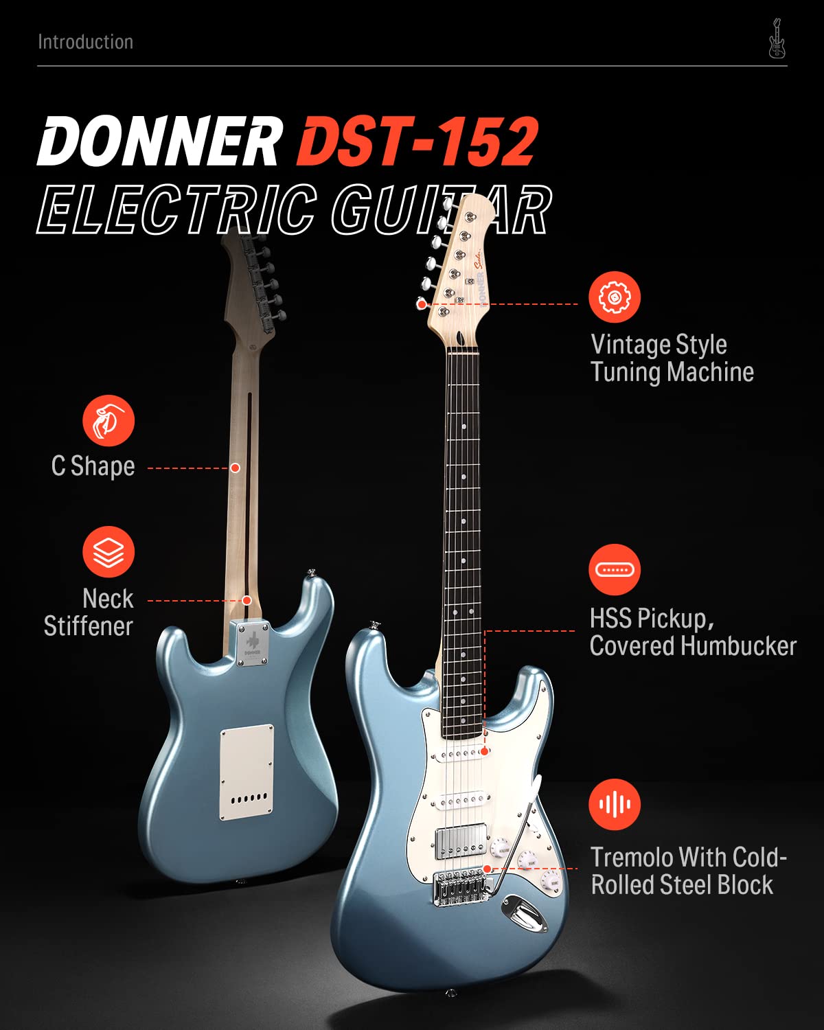 Donner DST-152R Electric Guitar, 39" Beginner Electric Guitar Kit, HSS Pickup with Coil Split, Guitar Starter Set with Amp, Bag, All Accessories, Metallic Ice Blue