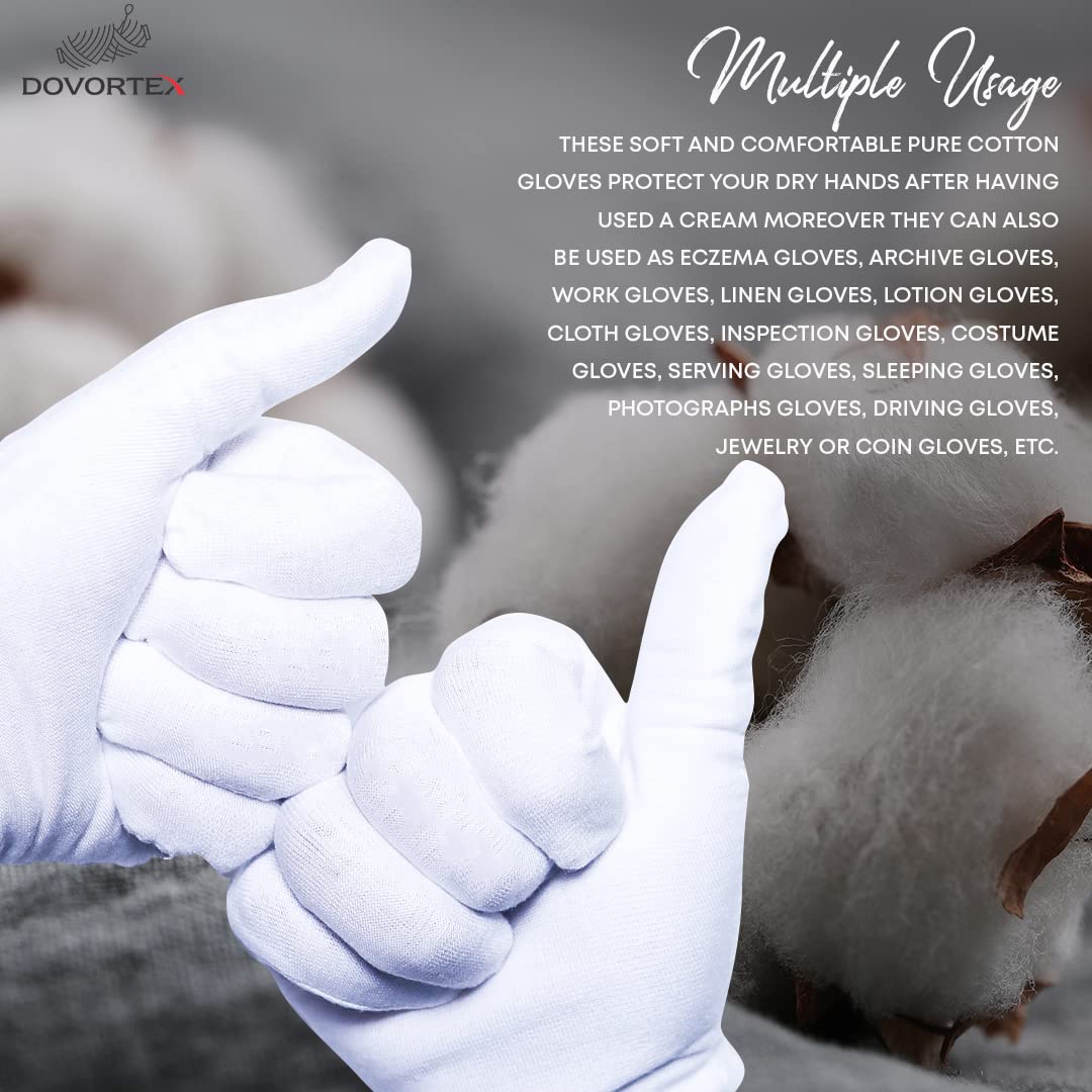 DOVORTEX 12 Pcs White Cotton Gloves| Cotton Gloves for Eczema| Cotton Gloves for Dry Hands| Moisturizing Gloves | Inspection Gloves| Coin Handling and Jewelry Inspection Gloves|