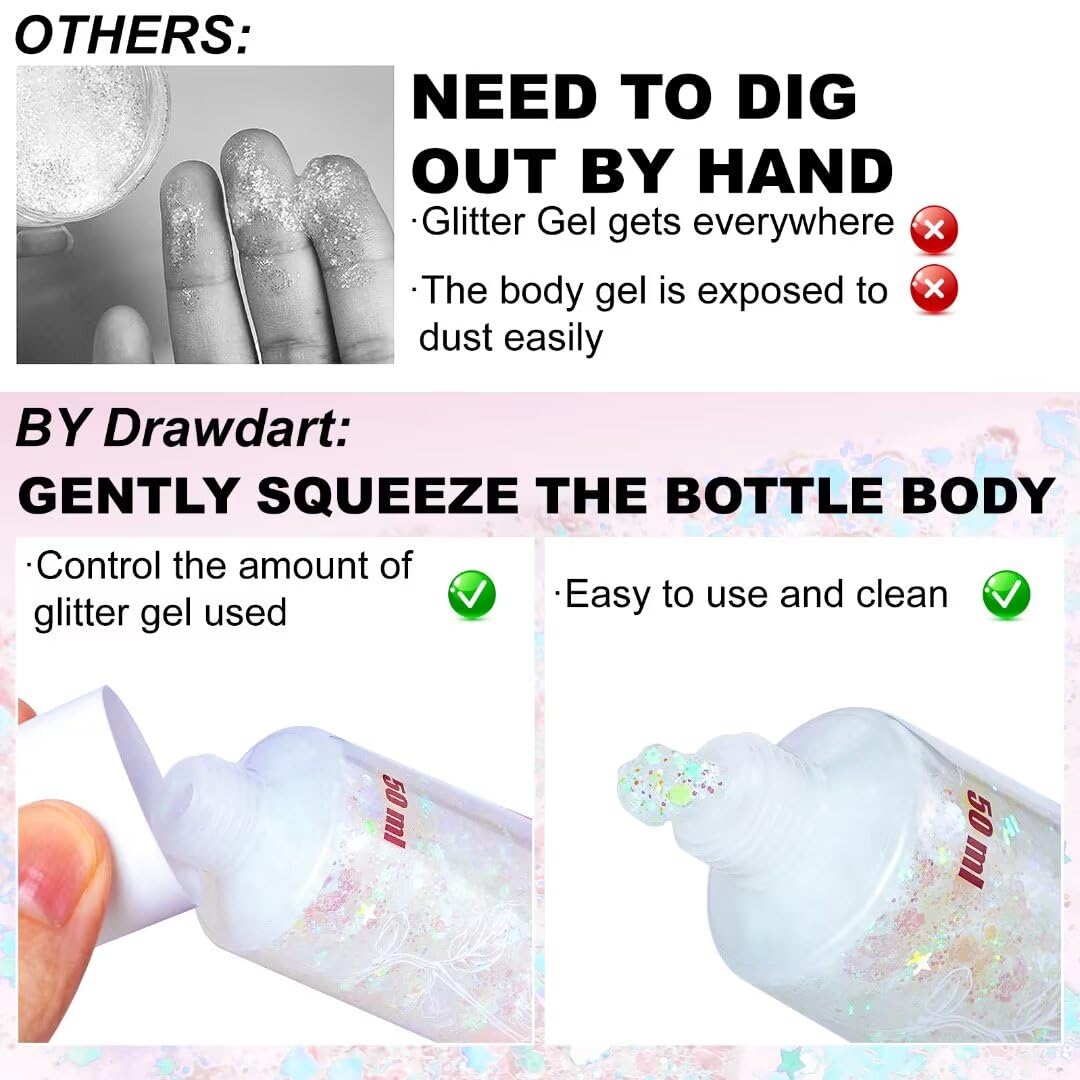Drawdart Face & Body Glitter, Cosmetic-Grade Glitter Gel- Singer Concerts Disco Festival Rave Accessories, Chunky Hair Sparkling Glitter Gel for Women, Vegan & Cruelty Free- 50ml (White)